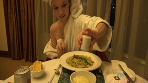 Cumshot in hotel escorted by blonde babe