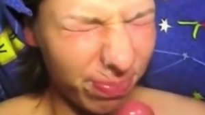 Receiving facial cum loads in company with vulgar teen chick