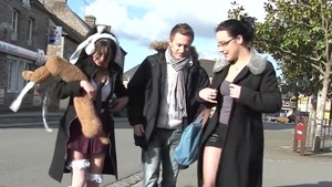 Threesome at casting pierced french wearing fishnets