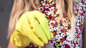 Very small tits wearing gloves sucks big cock & handjob
