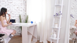 Masturbating young babe in glasses