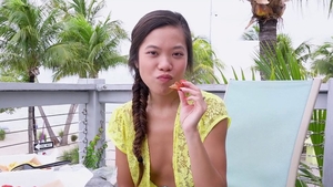 Brunette touching natural tits