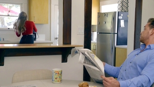 Sucking cock alongside shaved pussy hotwife