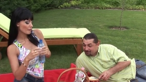 Fake tits cunnilingus outside