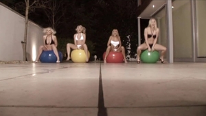 Beautiful brunette in tight stockings foursome