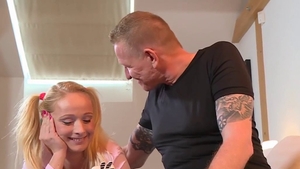 Busty pigtailed german teen chick in shorts anal fucking