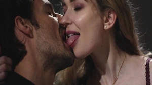 Beautiful blonde hair reverse cowgirl on the couch