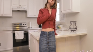 Solo small tits brunette pussy fuck in the kitchen