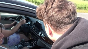 Fat MILF threesome in public