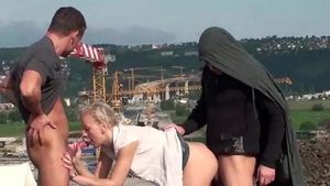 Young pretty girl threesome on the street