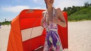 Busty couple Angelina Diamanti bikini takes a huge dildo