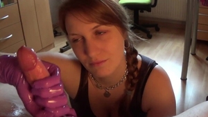 Cumshot along with amazing brunette wearing latex HD