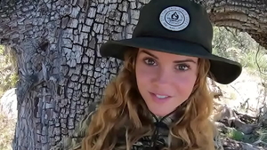 Facial outdoors escorted by busty slut