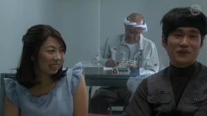 Large boobs asian brunette threeway in public