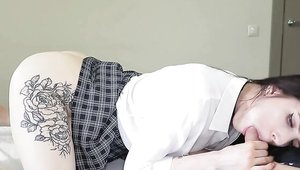 Reislin - Inked teen blowjob in the bed in HD